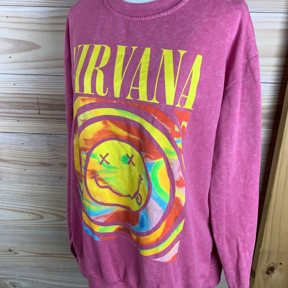 Nirvana Sweatshirt Women L Pink Acid Wash Smiley Face Pullover Girly Grunge - Picture 2 of 8
